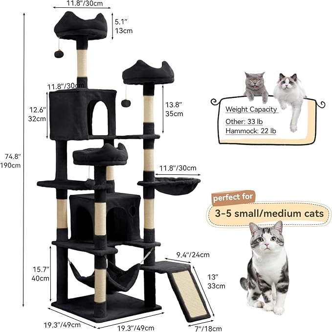 DWVO 75 in Multi-Level Cat Tower: Tall Cats Tree for Indoor Kittens, Pet Furniture with Kitty Condos, Top Perches, Sisal Ramp Scratching Posts, Cozy Basket, Hammocks, Black