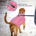 FUAMEY Dog Coat for Medium Dogs,Waterproof Dog Winter Jacket with Harness Built in Puppy Cold Weather Coats Reflective Pet Vest with Zipper Warm Fleece Dogs Snowsuit Windproof Rose Plaid M