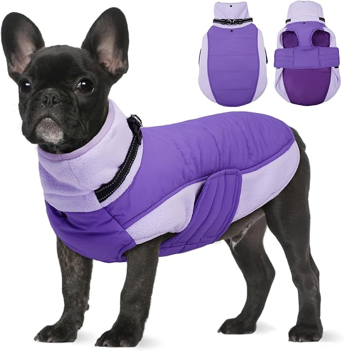 BRKURLEG Dog Coat, Turtleneck Winter Jacket with Harness for Small Medium and Large Dogs, Windproof Reflective Warm Fleece Dogs Snowsuit with Hook & Loop, Dog Coats for Cold Weather, Purple M