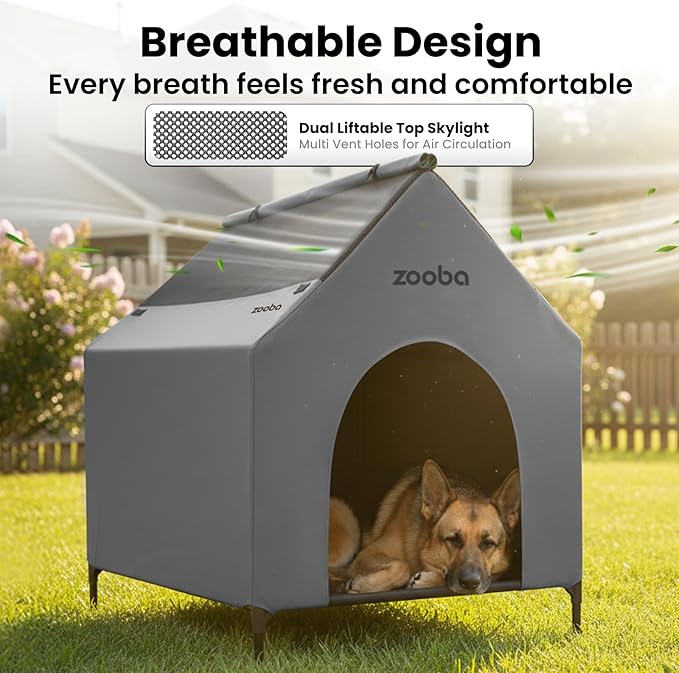 48" XL Outdoor Dog House – Weatherproof Elevated Pet Shelter, Breathable Mesh & Steel Frame, Easy to Assemble & Clean, Large Dog Houses for All Seasons (Grey)