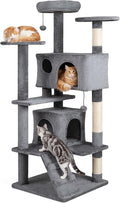 Tangkula Cat Tree Tower, 52 Inch Multi-Level Cat Tower with Sisal Scratching Posts, Cushioned Top Perch, Large Dual Condos & Ladder, 2 Hanging Balls, Jumping Platforms for Indoor Cats (Light Gray)