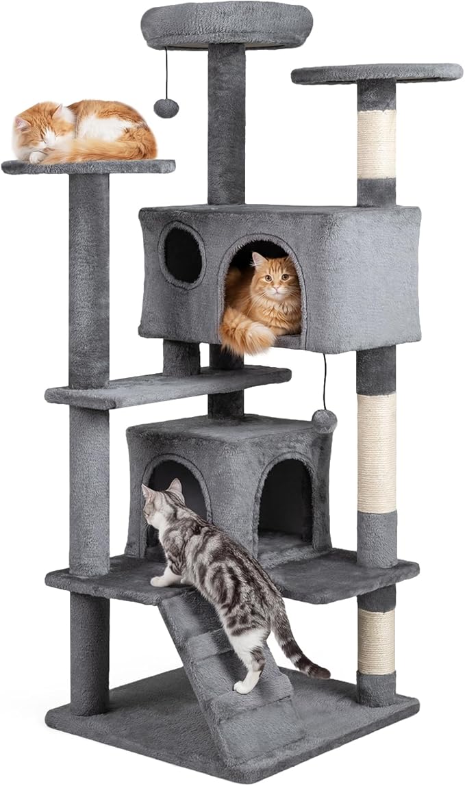 Tangkula Cat Tree Tower, 52 Inch Multi-Level Cat Tower with Sisal Scratching Posts, Cushioned Top Perch, Large Dual Condos & Ladder, 2 Hanging Balls, Jumping Platforms for Indoor Cats (Light Gray)