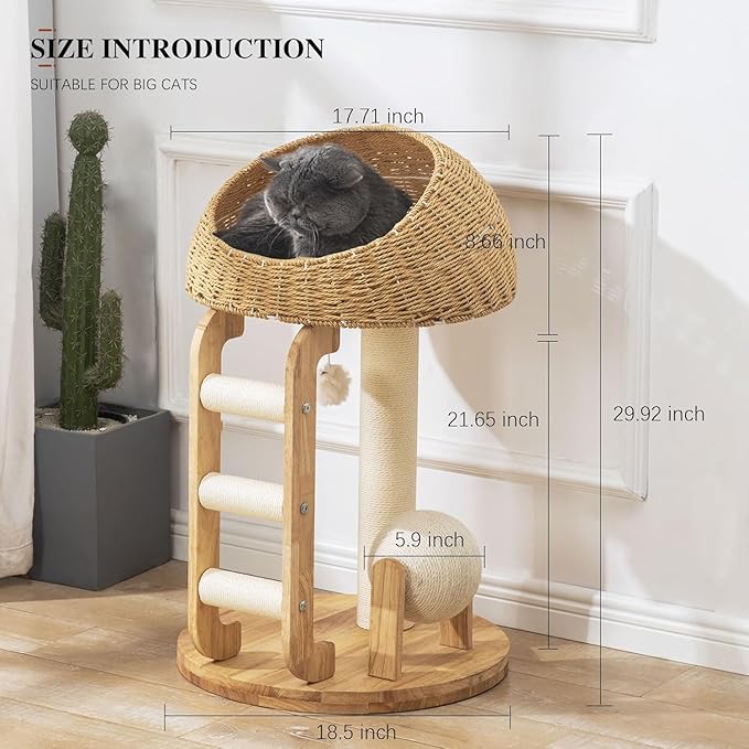 Modern Cat Tree, 30 Inch Wood Cat Tree Tower with Hand-Woven Basket Nest, Sisal Staircase and Scratch Toys, Heavy-Duty Multi-Level Indoor Tower