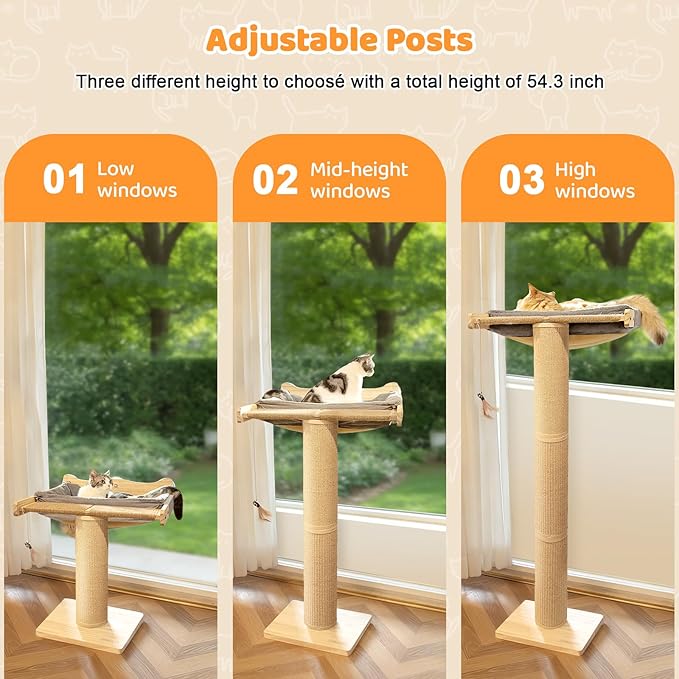 54.3" Cat Window Perch with 3 Adjustable Roman Column Sisal Posts, Gray Fluffy Cusion, Drill-Free Suction Cups, Multi-Level Bird Watching Perch, 60 lbs Capacity