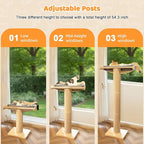 54.3" Cat Window Perch with 3 Adjustable Roman Column Sisal Posts, Gray Fluffy Cusion, Drill-Free Suction Cups, Multi-Level Bird Watching Perch, 60 lbs Capacity