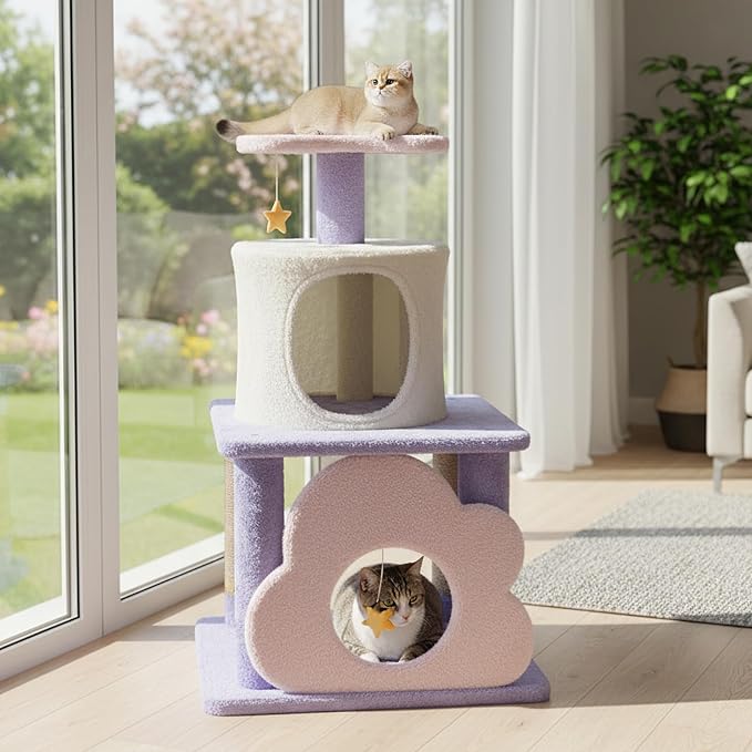 Tangkula Cute Cat Tree, 31.5 Inch Multi-Level Cat Tower with Jute Scratching Posts, Condo, Top Perch, Hanging Toy, Moon & Star & Cloud-Shaped Accents for Indoor Cats (Purple+Pink+White)