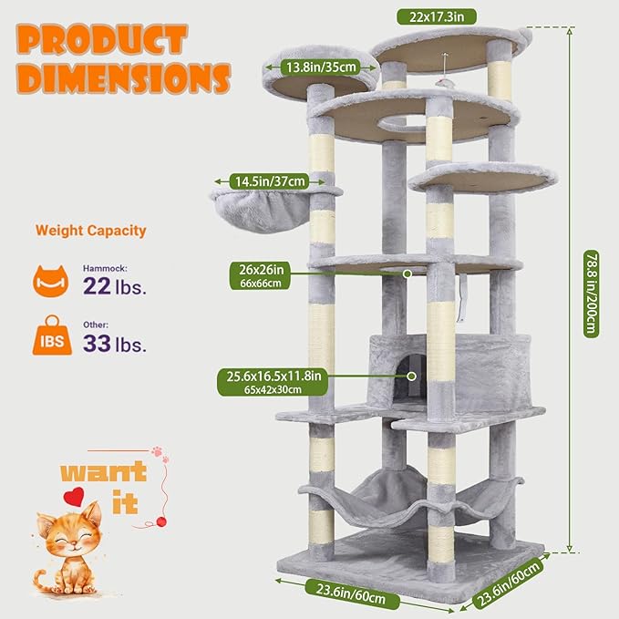 Tall Cat Tree 78.8in, Patent Fabric Multilevel Cat Tower for Adult Cats, Climbing Tree House and Towers with Condo Hammock Scratching Post Large Platform Wide Base