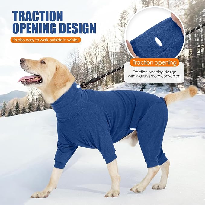 Dog Winter Coat Soft Fleece Pullover Pajamas, Fullbody Dog Cold Weather Jacket, Warm Pullover Doggie Winter Thermal 4-Legged Onesie Jumpsuit,High Collar Snowsuit Sweater for Dogs（Blue，L