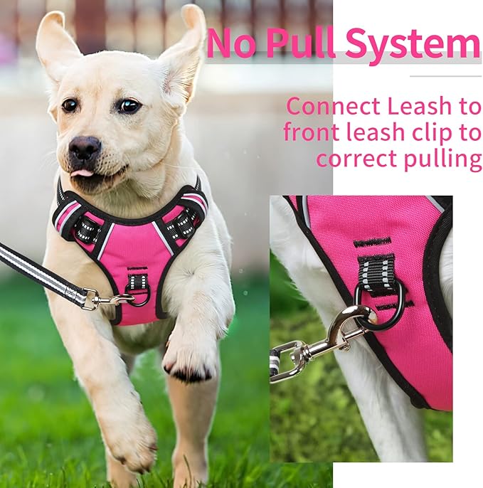 HEELE Dog Harness, No Pull Adjustable Padded Reflective Harness for Small Medium Large Dogs with Handle for Walking Training,Rose, L