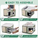 Shikha Cat Beds for Indoor Cats, Large Cat Cave with Cozy Condo, Fluffy Ball, Round Window, Foldable Indoor Cat House Hold Up to 30LBS, Cat Hideaway with Reversible Cushions for All Seasons, Green