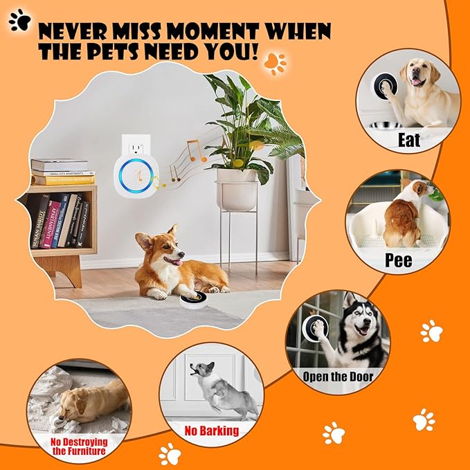Smart Dog Door Bell Wireless Puppy DoorBell for Potty Training, Dog Bells to go Outside, IP55 Waterproof Bells for Dogs to Ring to go Potty (5 Receivers+5 Buttons)