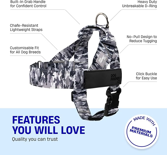 DF Co. Dog Harness | Chafe Resistant Webbing, Adjustable Neck & Chest, and Heavy Duty D-Ring | Sturdy, Comfortable, Easy to Use | Grey Camo, Size S