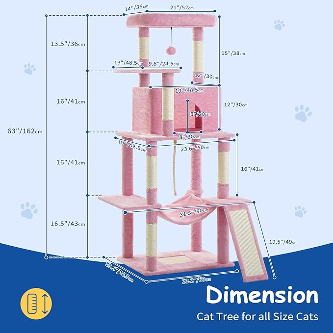 Cat Craft Cat Tree 63 Inch Cat Tower for Indoor Cats, Multi-Level Cat Tree for Large Cats 20 lbs+ Heavy Duty Cat Tower with Sisal Scratching Posts, Hammock, Condo and Extended Platform, Pink