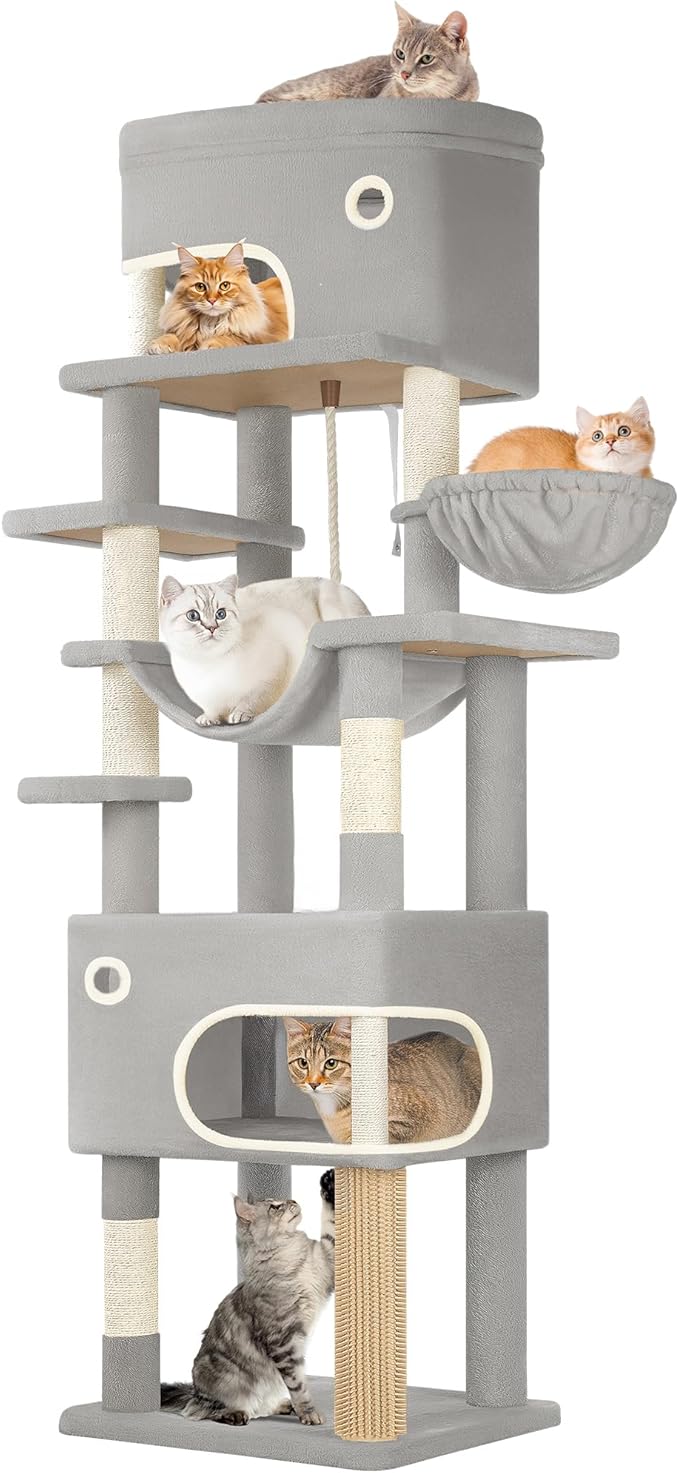 79.9 inch Cat Tree for Indoor Cats, Multi-Layer Scratching Post with Large Platform, 2 Caves, 7 Sisal Posts, Pompoms, Cat Basket, Hammock, Suitable for Cats, Light Grey MS20318LG