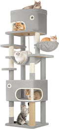 79.9 inch Cat Tree for Indoor Cats, Multi-Layer Scratching Post with Large Platform, 2 Caves, 7 Sisal Posts, Pompoms, Cat Basket, Hammock, Suitable for Cats, Light Grey MS20318LG