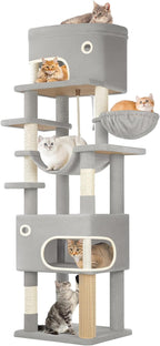 79.9 inch Cat Tree for Indoor Cats, Multi-Layer Scratching Post with Large Platform, 2 Caves, 7 Sisal Posts, Pompoms, Cat Basket, Hammock, Suitable for Cats, Light Grey MS20318LG