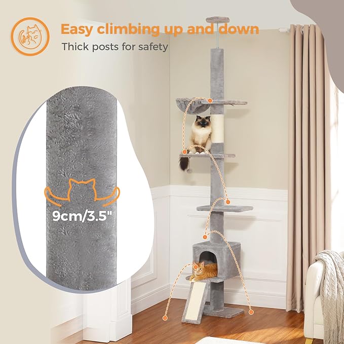 PEQULTI Cat Tree Floor to Ceiling, Tall Cat Tower, Adjustable Height (83''-108'') 5 Tiers Climbing Tree for Indoor Cats with Cat Condo, Scratching Post and Ladder, Grey