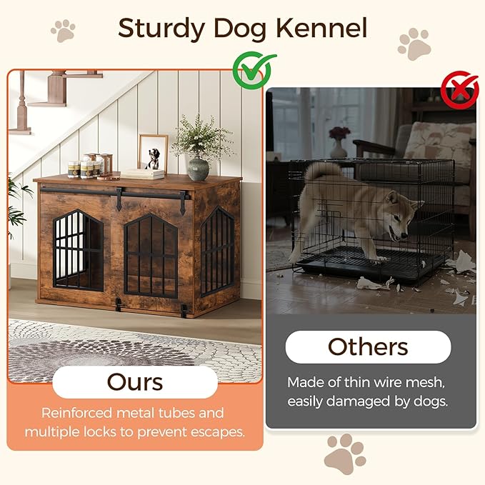 Dog Crate Furniture, 31.5" Farmhouse Dog Kennel with Sliding Barn Door, Wooden Dog Cage for Small Medium Dogs, Decorative Pet House Side End Table, Chew-Resistant, Rustic Brown DCHR9601
