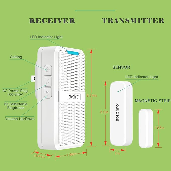 Door Chime,Wireless 600Ft Range 5 Adjustable Volume 1 Magnetic Door Open Contact Sensor with 62 Chimes Mute Mode Door Bell Plugin Receiver for Home/Office/Store White (1 Receiver + 1 Sensor)
