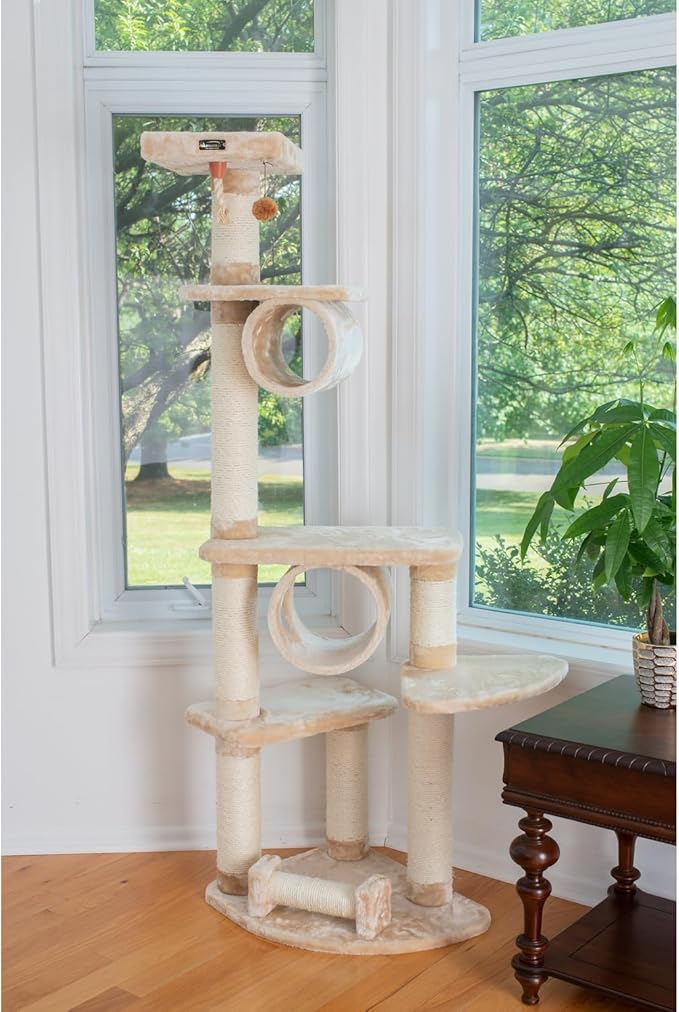 Cat Tree - 36x32x74 - Sisal & Faux-Fur - Tunnel, Toy & Perches - Beige
