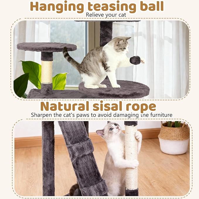 BestOffice 54 Inch Cat Tree, Multi-Level Cat Tower with Condo, Perches, Sisal Scratching Posts, Climbing Ladder,Indoor Activity Center Play House for Kittens & Adult Cats, Ashy