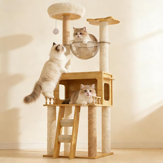 57.9 Inch Cat Tree, Wooden Cat Tower with Ladder and Swing Ball, Modern Activity House Hammock with Lounge, Cat Scratching Post Condo House for Bedroom, Pet Store, Balcony