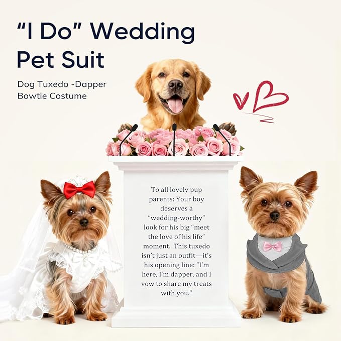 Supet Dog Tuxedo and Bandana Set with Bow Tie, Formal Outfit for Wedding Birthday Party Graduation Valentines, Pet Suit Clothes for Large Medium Small Dogs (Grey, M)