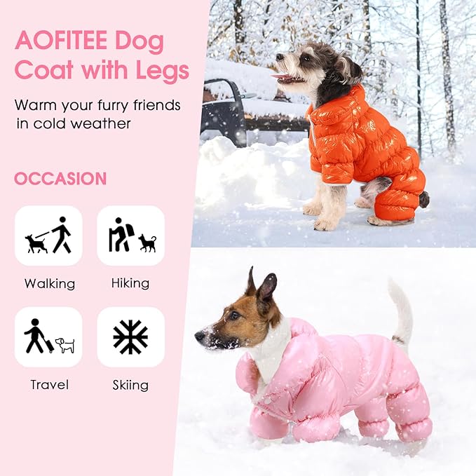 AOFITEE Dog Coat, Waterproof Dog Jacket, Fullbody Dogs Winter Coat Snowsuit, Windproof Puppy Puffer Jacket Snow Suit with Legs, Pet Fleece Winter Vest, Cold Weather Coats for Small Dogs, S
