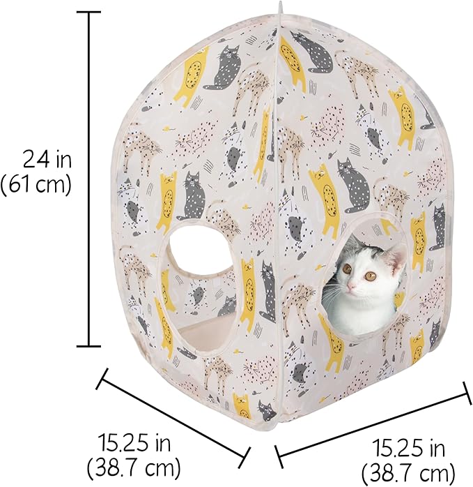 Kitty City Cat Print Pop-Up Cat Play House, Collapsible Indoor Cat Hideout with Peekaboo Openings, Lightweight Foldable Cat Cube for Play & Lounging, Pink