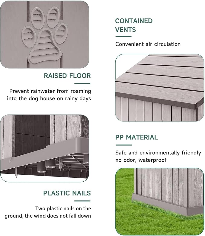 VIXZEN Dog House Outdoor Large Breed - Weatherproof PP Resin Doghouse with Elevated Floor, Open Design & Easy Assembly, Large Dog Houses for Large Dogs Outside (Grey, 38.62" L x 36.26" W x 38.07" H)