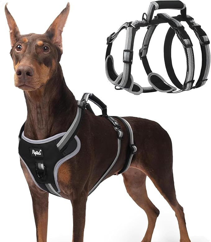 PUPTECK Escape Proof Dog Harness with Padded Handle, No Pull Pet Vest Harness Durable Reflective for Medium Large Dogs Walking Training and Running, Black, M