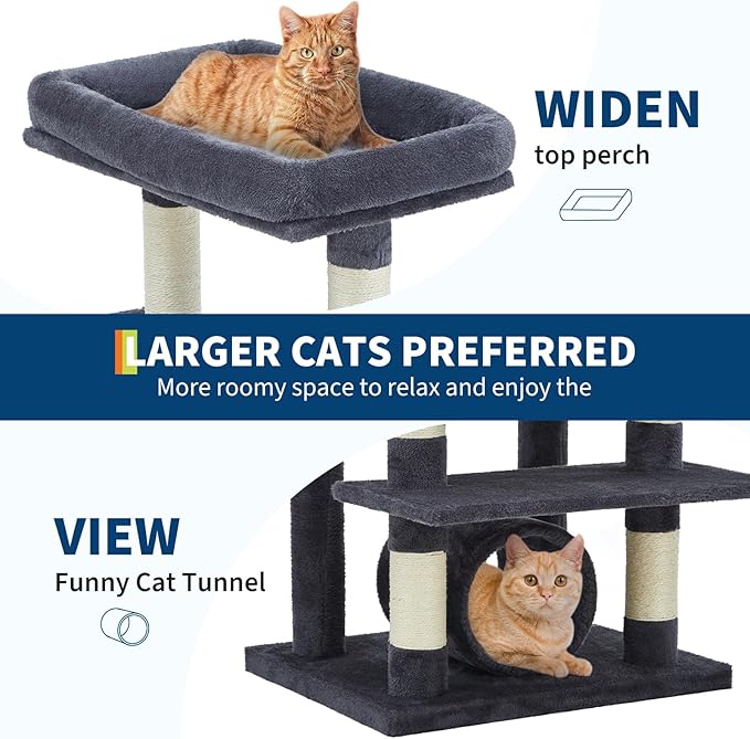 74" Tall Cat Tree,Large Cat Tree for Big Cats,Cat Tower with Scratching Posts, Condo, Perches, Hammock, Tunnel & Feeding Station,Deep Gray