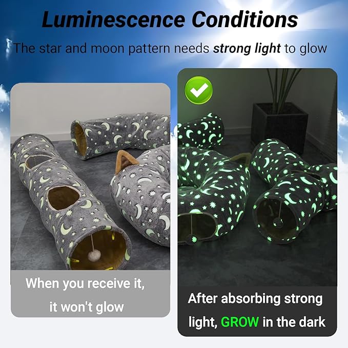 LUCKITTY Cat Tube Tunnel with Plush Ball Toys Collapsible Self-Luminous, for Cat Small Pets Bunny Rabbits, Kittens, Ferrets,Puppy and Dogs Grey Moon Star 3 Way