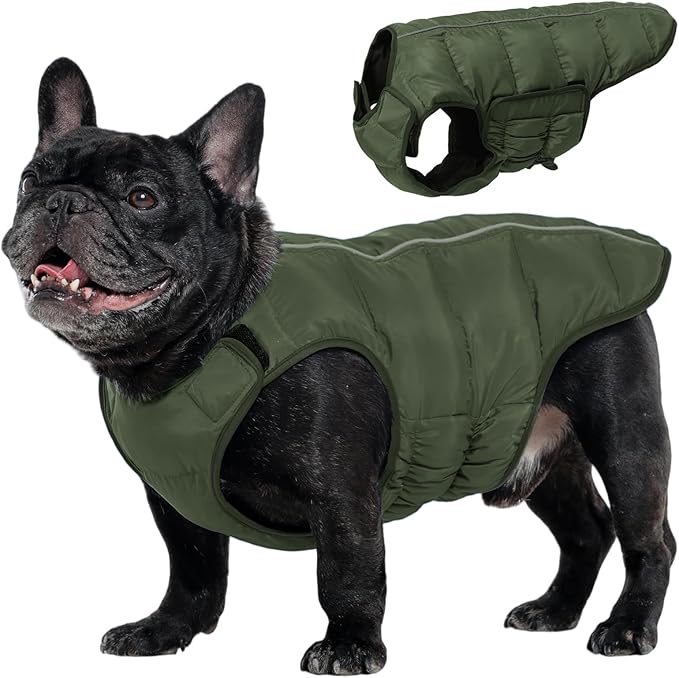Kuoser Dog Puffer Jacket Warm Dog Coat for Extra Small Dogs, Windproof Reflective Pet Padded Vest Cold Weather Clothes Puppy Snowsuit with Hook & Loop Coats, Easy On/Off, Green XS