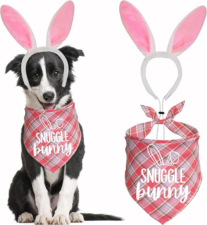 Easter Dog Bandana Bunny Costumes, Easter Bunny Dog Headband Buffalo Plaid Dog Easter Bandanas for Small Medium Large Dogs