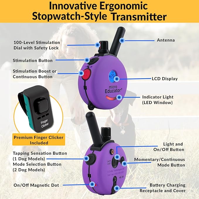 Micro Educator ME-300 Dog Training E-Collar with Remote–Double Bungee Collar for Small Dogs 5–15" Neck – Lightweight,Waterproof & Rechargeable–100 Levels Tapping Stimulation,1/3 Mile Range, Purple