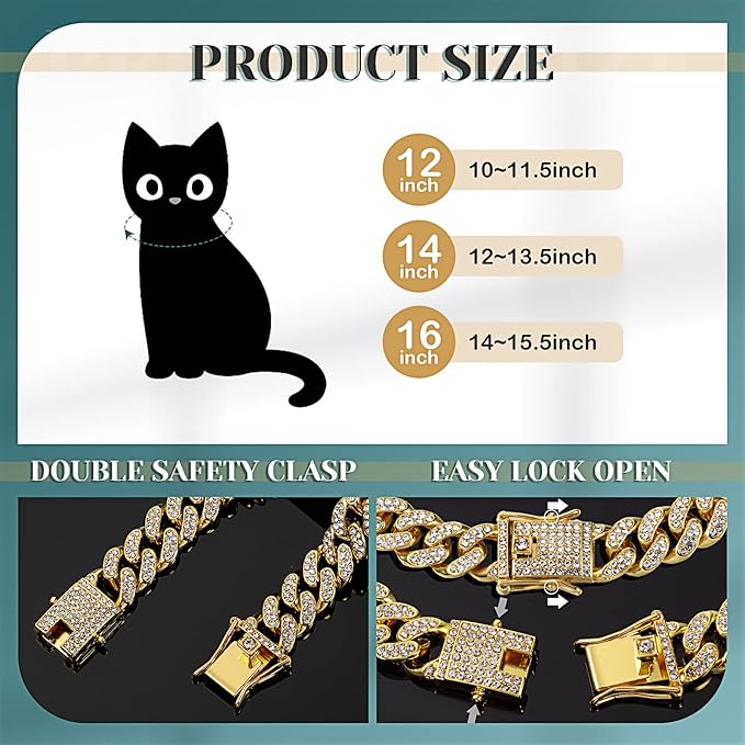 Xuniea 2 Pieces Cat Dog Chain Collar and Sunglasses Set Rhinestone Necklace with Secure Buckle Round Glasses for Doll Cat Dog Pet Accessories(12 Inch,Gold, Black)