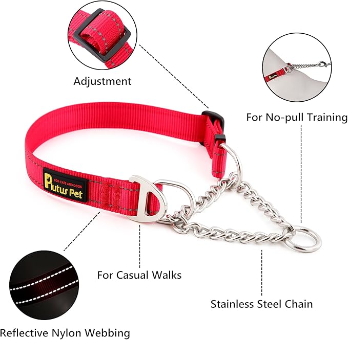 Plutus Pet Martingale Dog Collar with Stainless Steel Chain and Reflective Nylon, Adjustable No Pull Training Collar, for Small Medium, and Large Dogs, Red, S