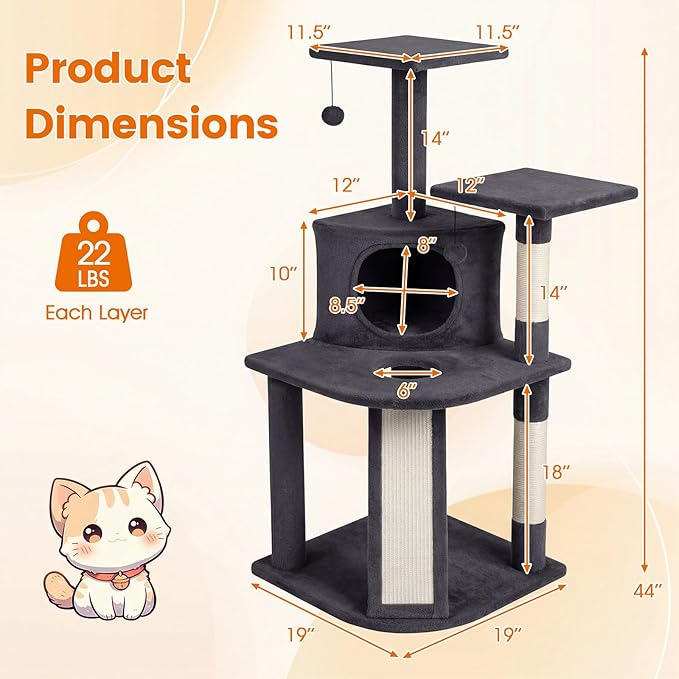 PETSITE 44-inch Multi-Level Cat Tree, Modern Cat Tower with Sisal Scratching Posts, Cozy Condo, Playful Cat Hole, Sisal Covered Ladder, and Dangling Ball, Ideal for Indoor Cats and Kittens (Dark Grey)