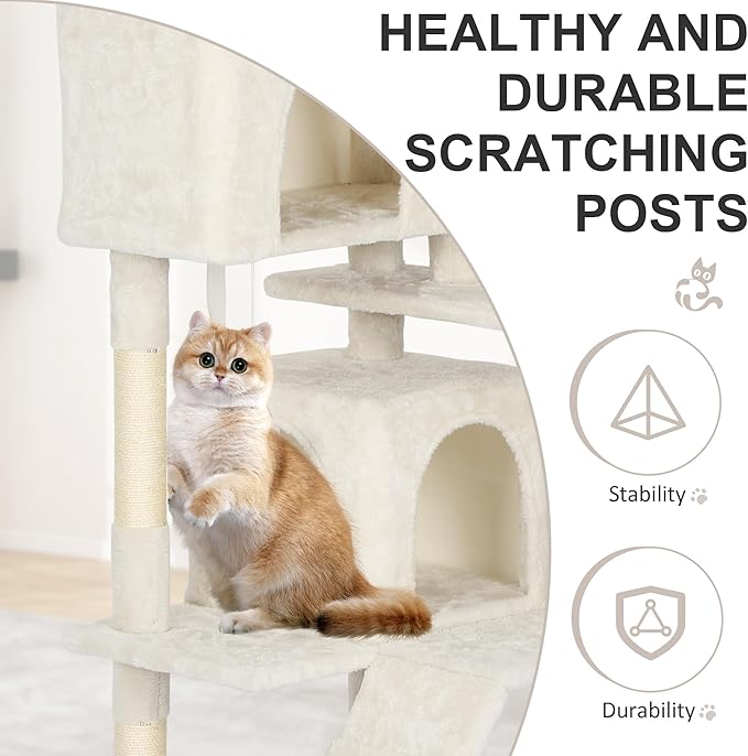 62" Multi-Level Cat Tree Tower with Scratching Posts, Toys & Condo,Compact Floor Footprint & Vertical Space for Multi-Cat HomesSpace-Saving Design for Indoor Kittens-Beige
