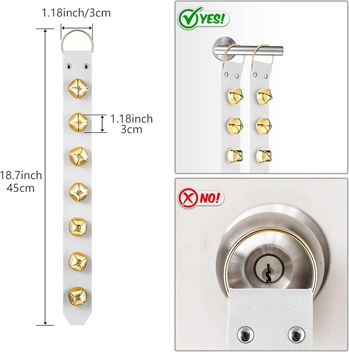 Frienda Hanging Jingle Sleigh Bells 7-Bell Dog Doorbells for Door Knob Faux Leather Belts Go Outside Dog Bells Christmas Decor and Holiday Decorations, 18.7 x 1.8 x 1 Inches(White with Gold)