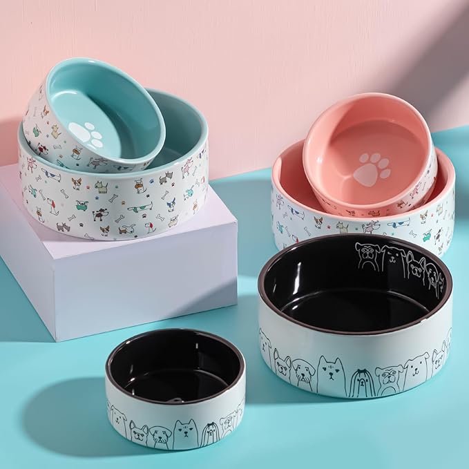 FE FUN ELEMENTS Ceramic Dog Bowls for Small Dogs, 16 Fl Oz Heavy Food and Water Bowl With Adorable Patterns (Small, Blue)