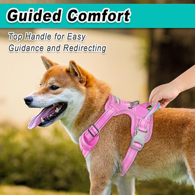 BARKBAY Dog Harness No Pull Mesh for Large Dogs - Adjustable, Reflective, Comfortable, No Choke, Heavy-Duty - Perfect for Outdoor Training, Walking, and Hiking - Strong & Durable - L & Pink Mesh