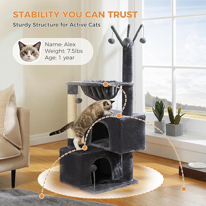 Cat Tree 45" for Indoor Cats, Compact Cat Tower with 2 Condos, Hammock Bed & 5 Hanging Ball Toys, Space-Saving Sturdy Cat Condo Furniture for Kittens & Small-Medium Cats