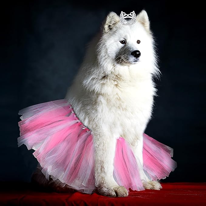 2 Pcs Dog Crown Headband Dog Tutu Dress Set Crystal Rhinestone Tiara Crown Tutu Skirt Pet Dress Costume for Puppy Birthday Party Wedding Photo Prop Costume(X-Large,Rose Red, White)