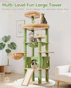 Taoqimiao 72 Inches Cat Tree for Large Cats, Multi-Level Tall Cat Tower, Widened Cat Condo with Large Scratch Board, 5 Scratching Posts, Metal Hammcock, Cozy Basket, Cactus, MS045T