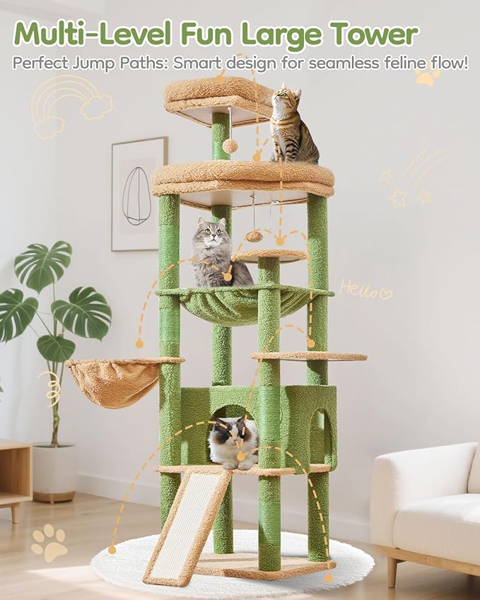 Taoqimiao 72 Inches Cat Tree for Large Cats, Multi-Level Tall Cat Tower, Widened Cat Condo with Large Scratch Board, 5 Scratching Posts, Metal Hammcock, Cozy Basket, Cactus, MS045T