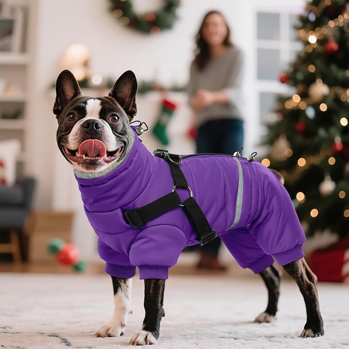 BRKURLEG Purple Dog Coat with Harness, Dog Winter Jacket, Dogs Onesie Body Warm Jackets, Small Medium Dogs Winter Coats Reflective Windproof Warm Cold Weather Coats, Pet Waterproof Jacket, XXL