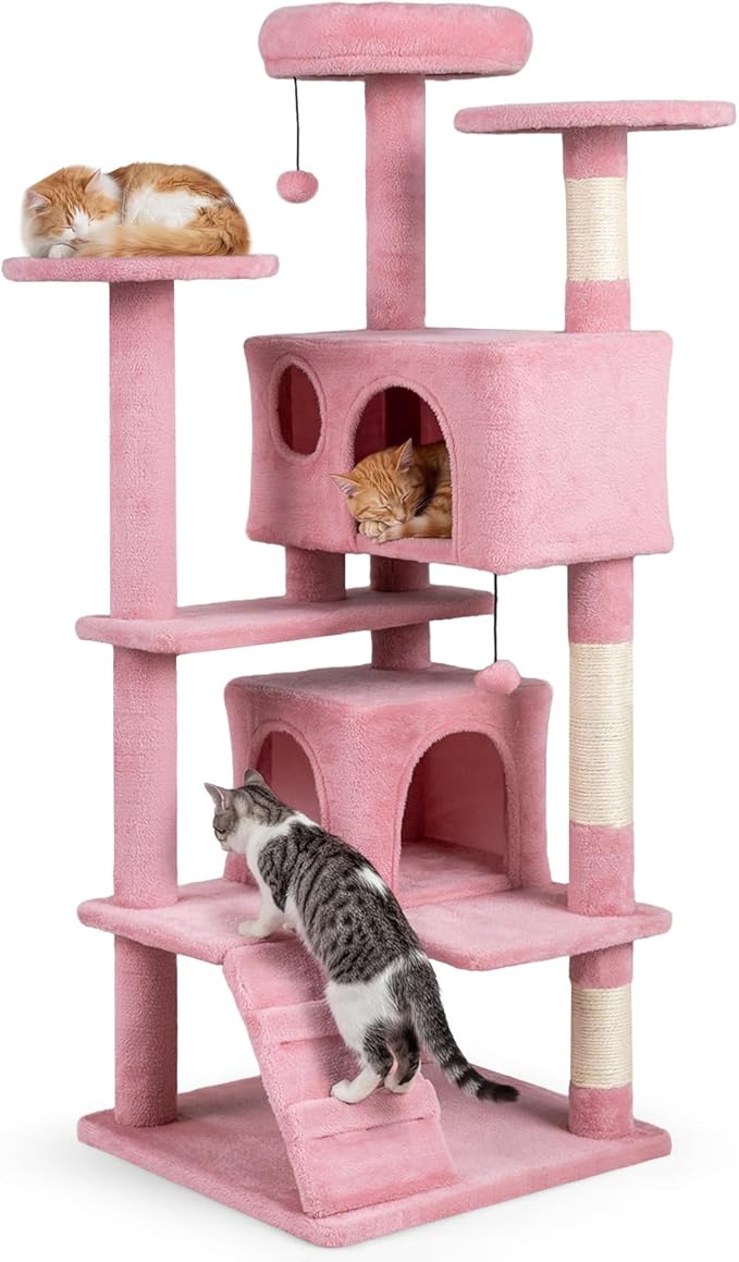 Tangkula Pink Cat Tree Tower, 52 Inch Multi-Level Cat Tower with Sisal Scratching Posts, Cushioned Top Perch, Large Dual Condos & Ladder, 2 Hanging Balls, Jumping Platforms for Indoor Cats (Pink)