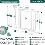 TSAYAWA Triple-Lock Acrylic Baby Gate 29.5"-38.5", Crystal Clear Transparent Pet Gate for Dogs, Heavy Duty Metal Gate for Doorways, Pressure Mount Child Safety Barrier, Auto Close, White